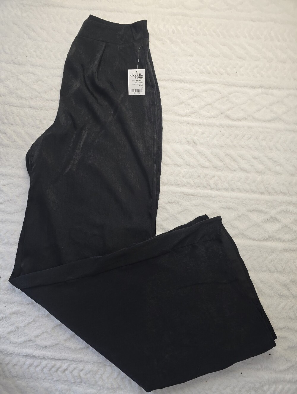 NWT Charlotte Russe Wide Leg Pants Black Satin High Rise Back Zip Lightweight S